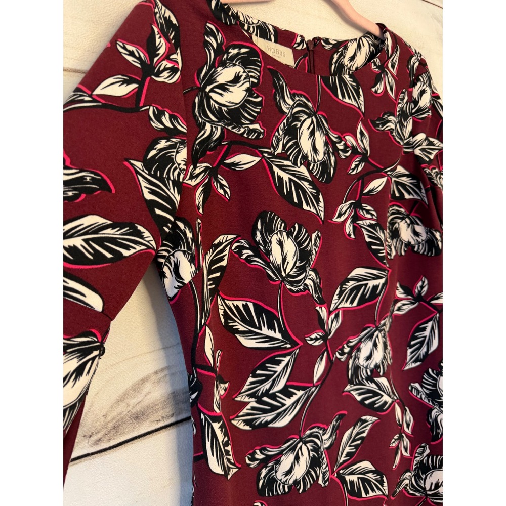 Hobbs London Burgundy Floral Bell Sleeve Shift Dress Size US 6 UK 10 - Picture 2 of 7